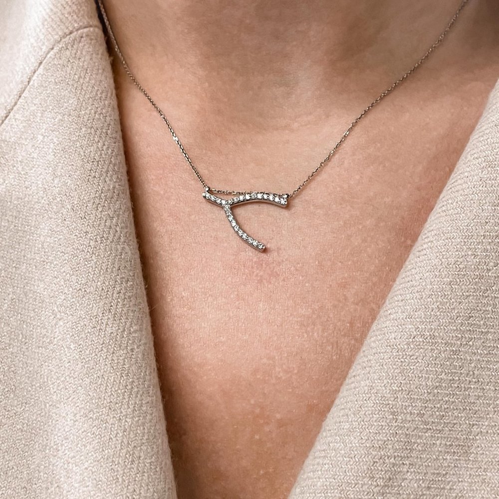 Rachel Koen Sideways Wishbone Necklace 14K White Gold 0.24Cttw